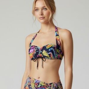 🌻 NEW Anne Cole Blue Paisley Ruching Tie Halter Bikini Bralette Top Size Small